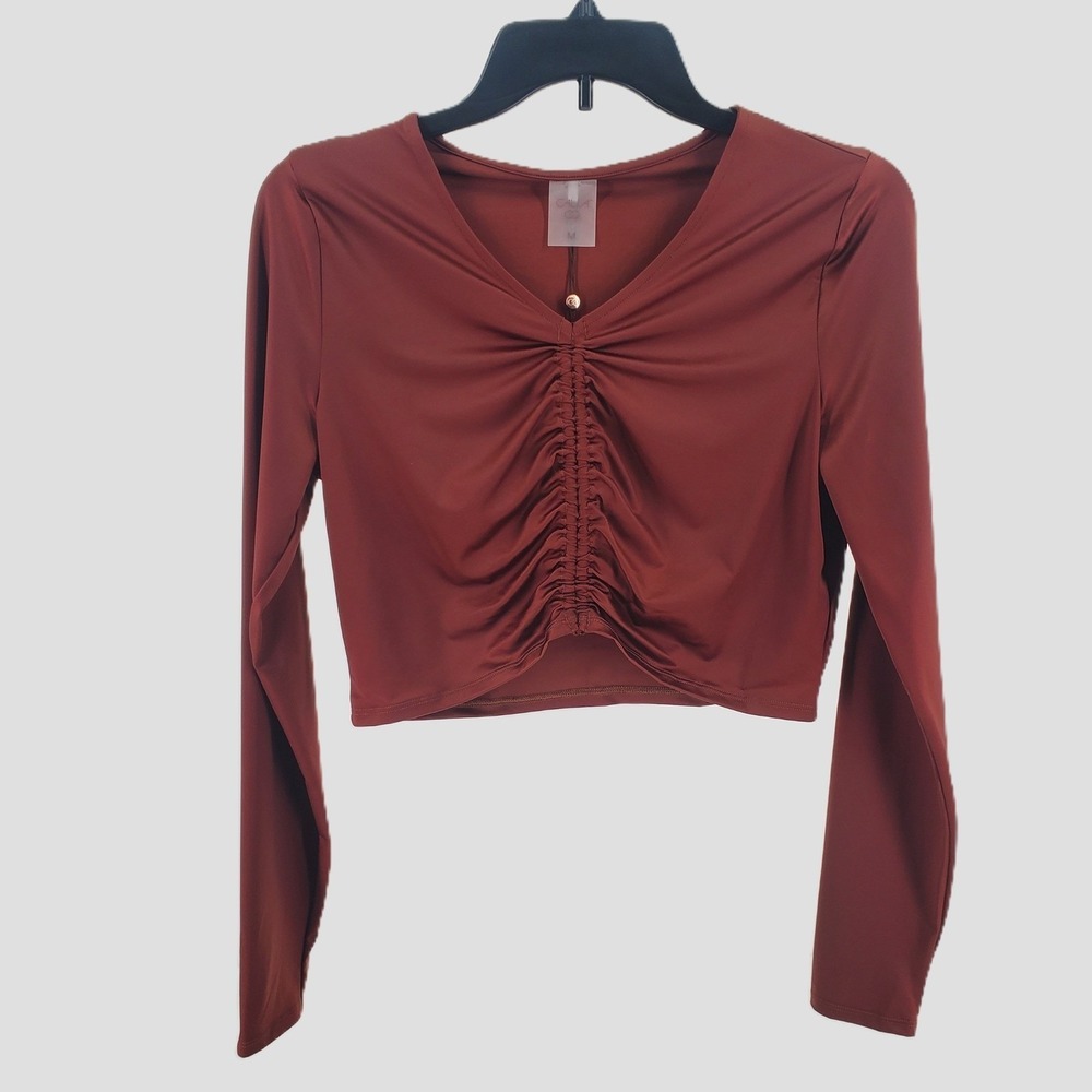 CALIA Womens M Ruched Rash Guard Swim Top Red Brown Shine Long Sleeve UPF 50